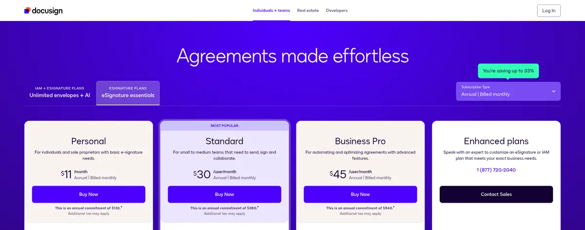 Docusign eSignature pricing plans Docusign eSignature pricing page showing Personal , Standard and Business Pro per month on annual billing