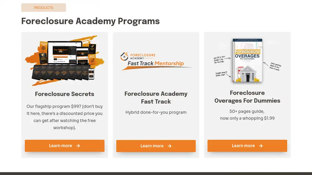 Foreclosure Academy programs and prices Foreclosure Academy programs page listing Foreclosure Secrets at 7, the Fast Track program, and a .99 ebook