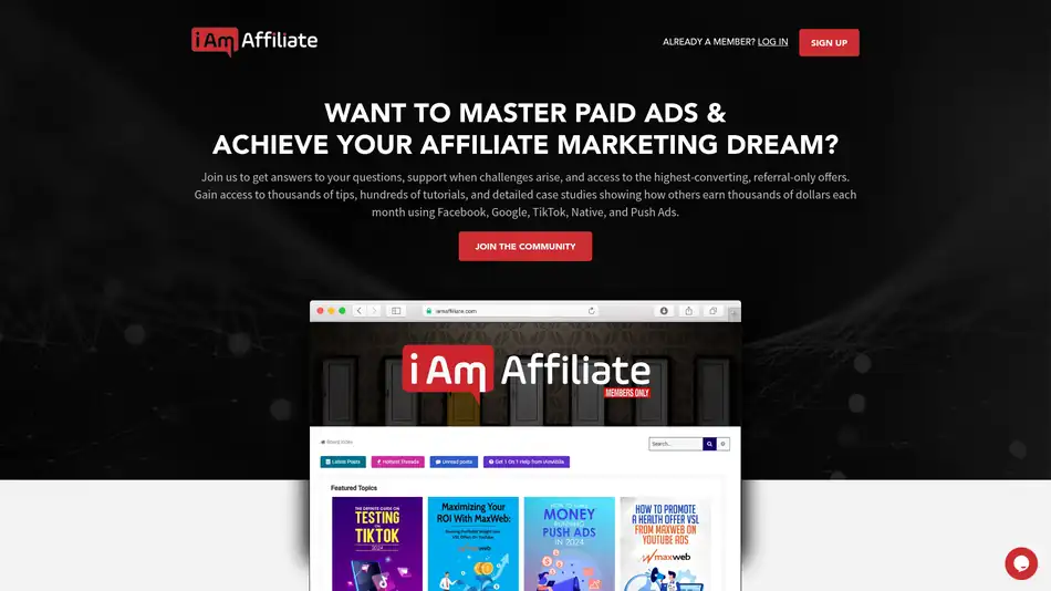 iAmAffiliate forum homepage 2026 iAmAffiliate homepage: paid ads affiliate marketing forum with tutorials, case studies and Join the Community button