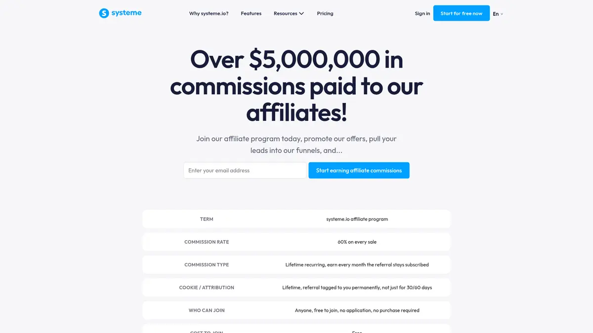 Systeme.io affiliate program terms Systeme.io affiliate program page showing 60% lifetime recurring commission and lifetime attribution