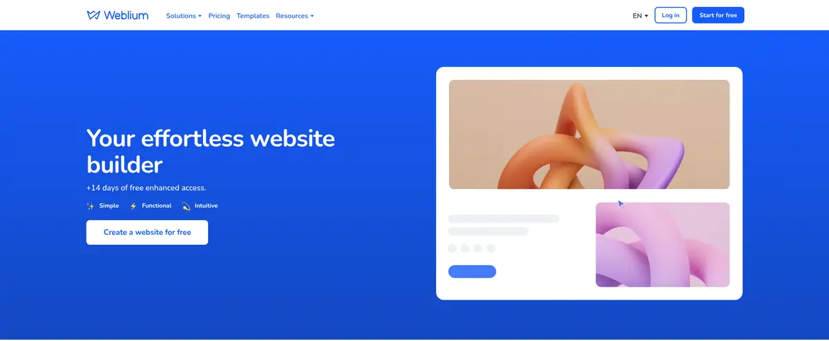 Weblium homepage 2026 Weblium homepage hero reading Your effortless website builder with 14 days of free enhanced access